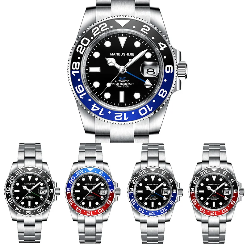 شعار مخصص GMT ساعات رجالية فاخرة أوتوماتيكية ميكانيكية ساعة اليد الياقوت الزجاج 40MM الفولاذ المقاوم للصدأ ساعة مقاومة للماء