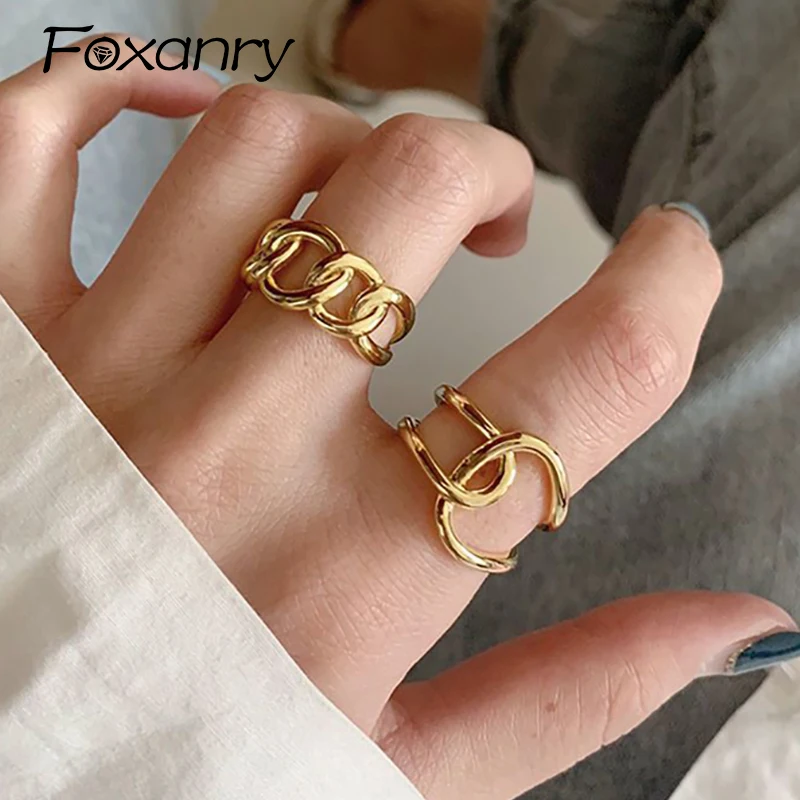 Foxanry Minimalist Gold Color Non-fading Rings for Women Couples New Fashion Creative Hollow Cross Geometric Party Jewelry Gifts