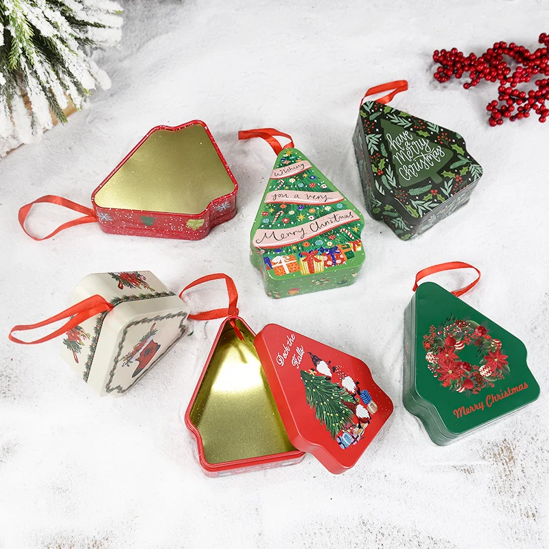 6 Colors Christmas Tree Jar Festive Cartoon Metal Polygon Storage Boxes Chocolate Can Xmas Holiday Party Gift Packaging Supplies