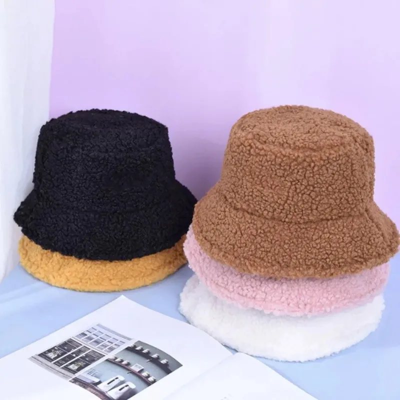 Harajuku Style Hat Solid Fishing Fisherman Hat Autumn Winter Lamb Wool Outdoor Warm Panama Cap For Women