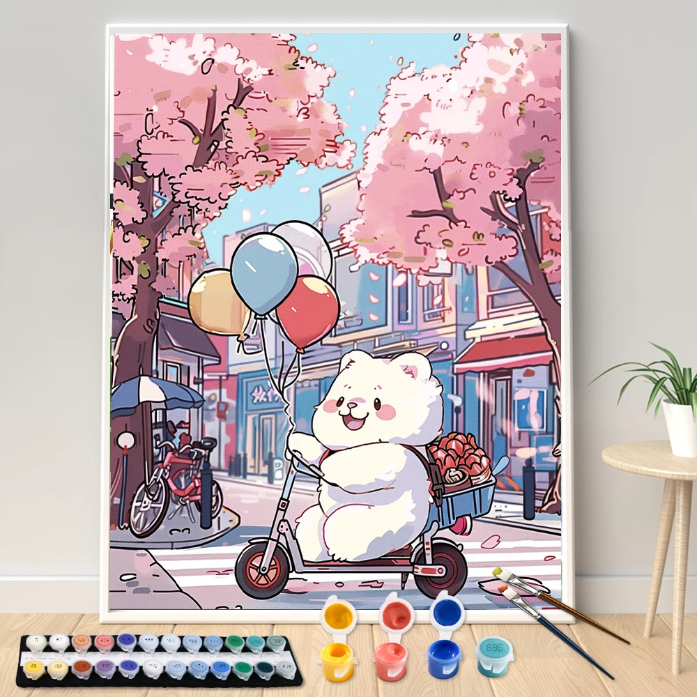 Hand Painting White Bear Under The Cherry Blossom Tree Painting By Numbers Kit DIY Artwork Canva Art GiftHome Decoration Gift