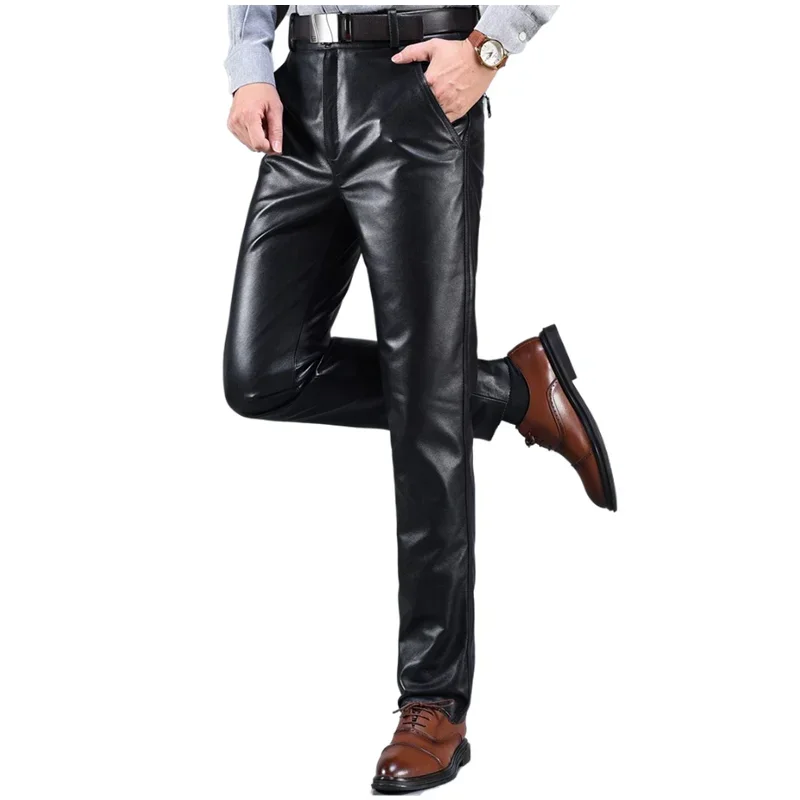 Men's Genuine Leather Straight Cargo Pants, Cowhide Trousers, Casual Male Trousers, Large Size 38, Autumn, Winter