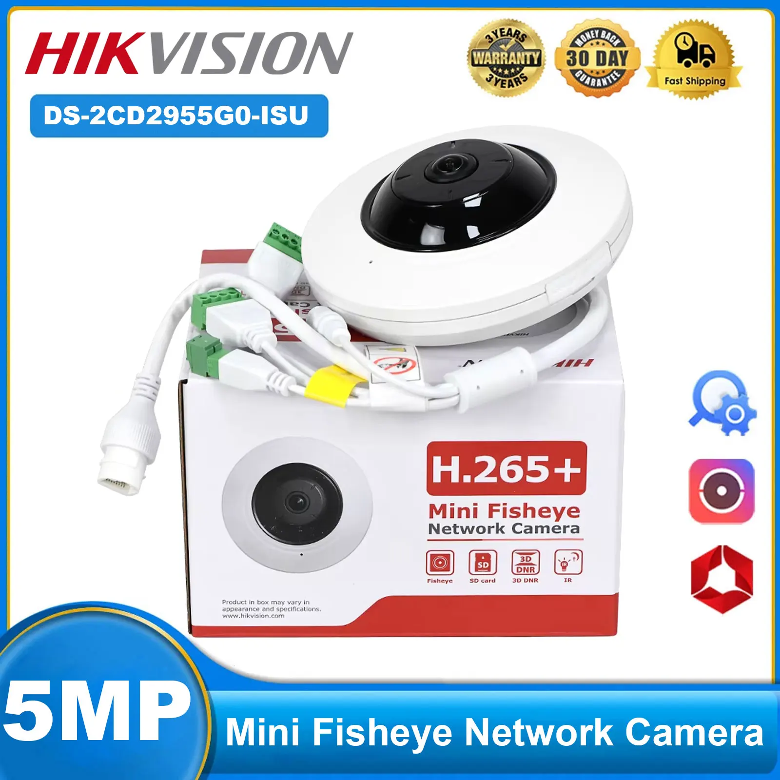 Hikvision DS-2CD2955G0-ISU 5MP Fisheye PoE IP Camera 180°  Panoramic with 2-Way Audio Shop Office Surveillance H.265+ WDR 3D DNR