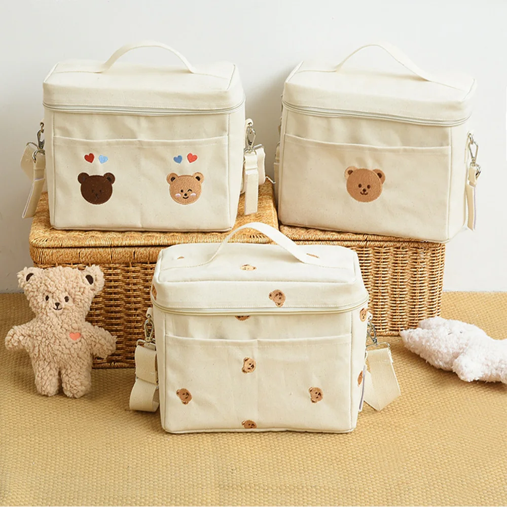 Large Capacity Bear Embroidery Stroller Hanging Bottle Storage and Insulation Bag, Lunch Box Insulation Bag