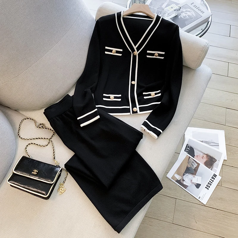 2 Pieces Set Fashion Women Tracksuits 2025 Long Sleeve Stripe Cardigan High Waist Lace-up Long Kint Leg Pant Outfits Casual