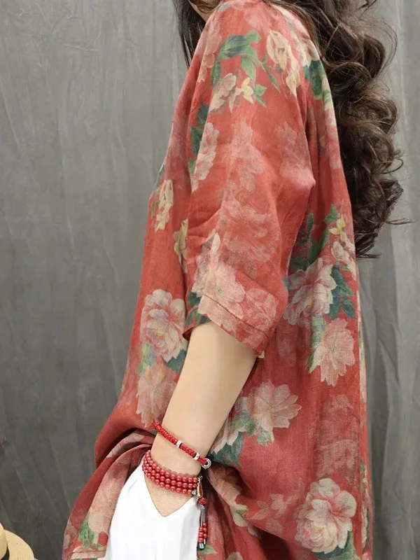 Retro Hemp Print irt Dr Casual Loose mid Sve V Ne Midi Length Top Summer Commute Sle Regular Sve Length