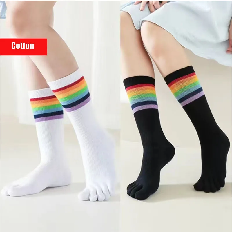 Fashion Rainbow Socks with Toes Woman Mid-calf Striped Black White Cotton Sock Korean Style Sport Compression Five Finger Socks