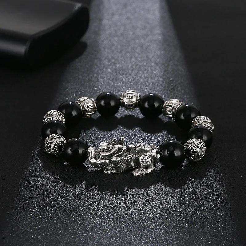 New Fashionable Gold Silver Color Crown Black Stone Volcanic Lava Skull Micro Pave Cz Zircon Cubic Zirconia Bracelet Yoga Reiki