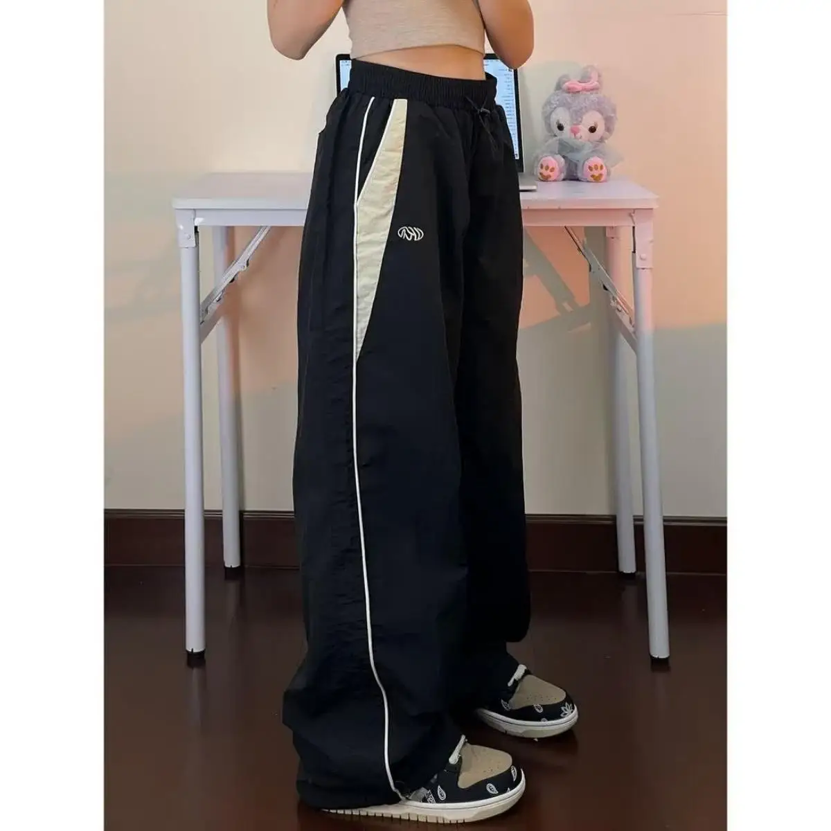 Damskie spodnie Cargo z szerokimi nogawkami i sznurkiem Solidna odzież uliczna Elastyczne spodnie dresowe w talii Luźne spodnie Y2K Joggers Hip Hop Baggy Trousers