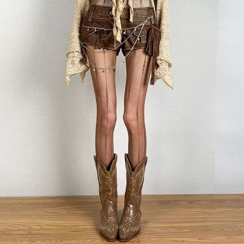 

Retro Brown UltraThin Striped Lace Stockings for Women Sexy Hollowed out Pantyhose Spring Autumn Summer