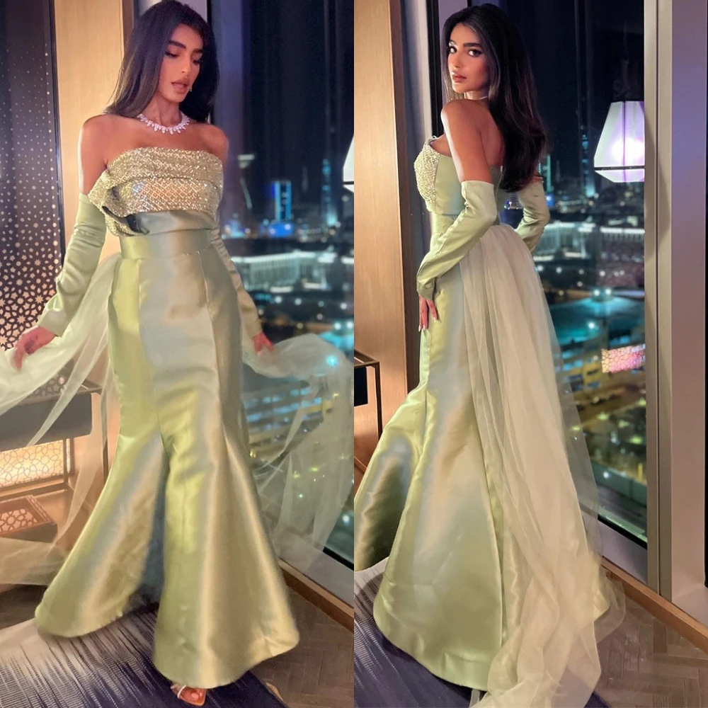 

Customized Luxury Satin Mermaid Evening Dress Simple Strapless Prom Dresses Fashion Detachable Sleeve Special Occasion Gowns