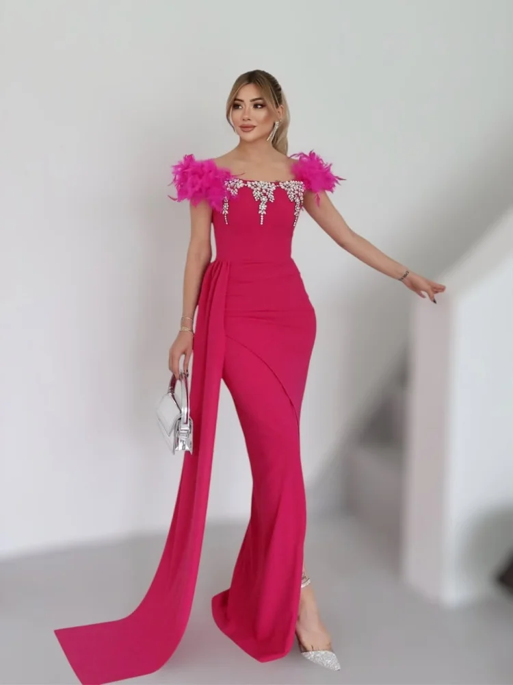 Chic สีดํา Off-Shoulder Beaded & Feather-Accent แยกชุดผ้าพันคอ Saudi Arabric อย่างเป็นทางการงานแต่งงาน Vestidos ชุดราตรี