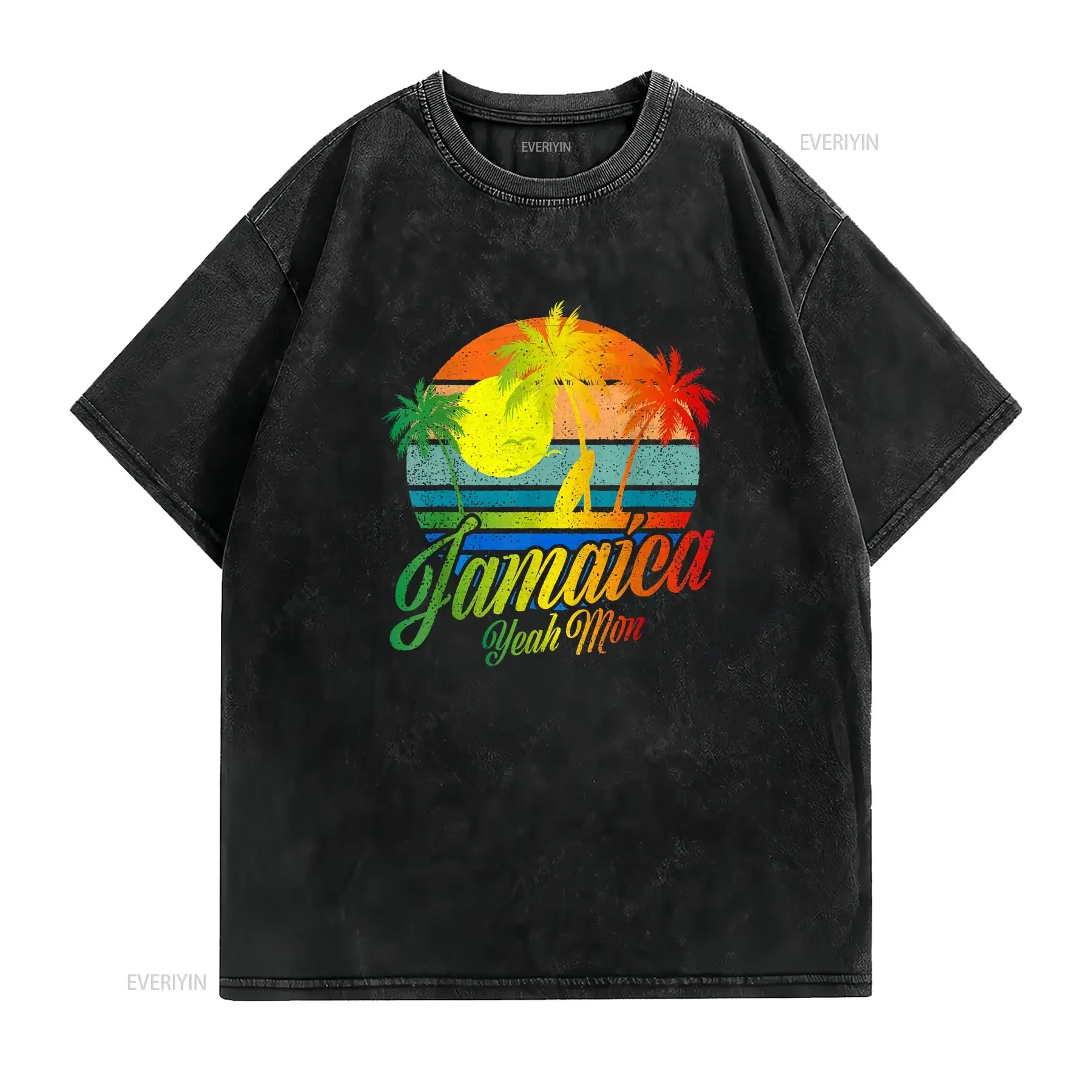 Retro Yeah Mon Jamaica Summer Beach Vacation For T Shirt  vintage Washed Unisex graphic Breathable fashion streetwear