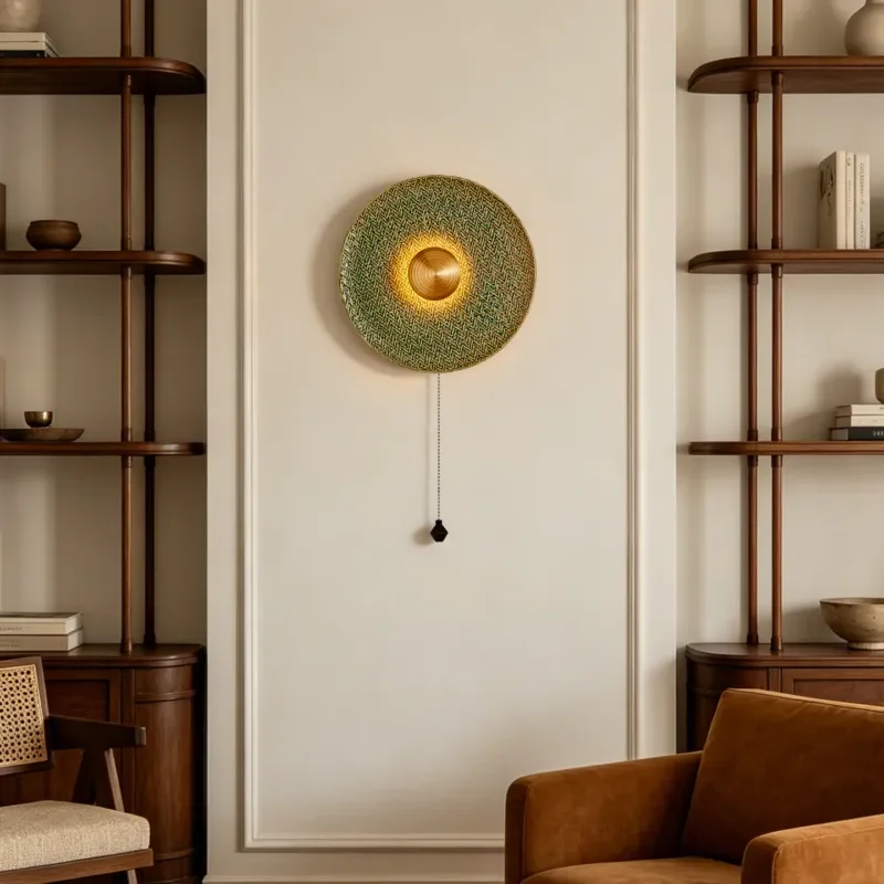 Wabi Sand Wind Green Ceramic Wall Light Original Woven Pattern Disc Lamp for Bedroom Living Room Background Wall Corridor
