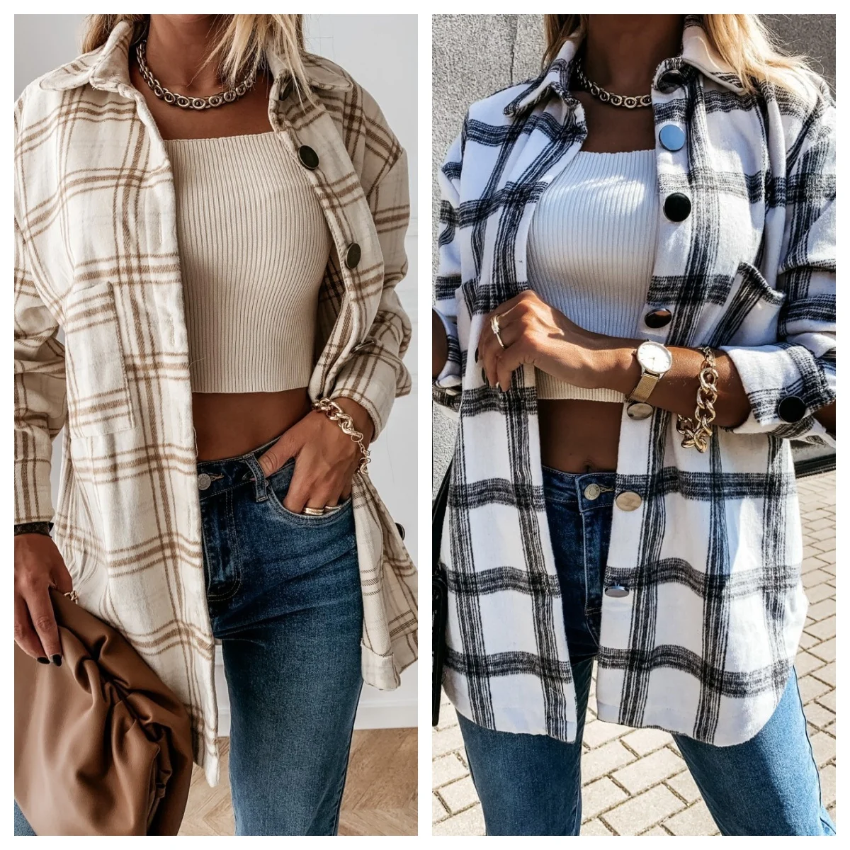 

Shirt Jacket Women's Plaid Pattern Pocket Design Shacket Checkered Winter Plaid Jacket Overshirt Warm Thicken Button Coat Women