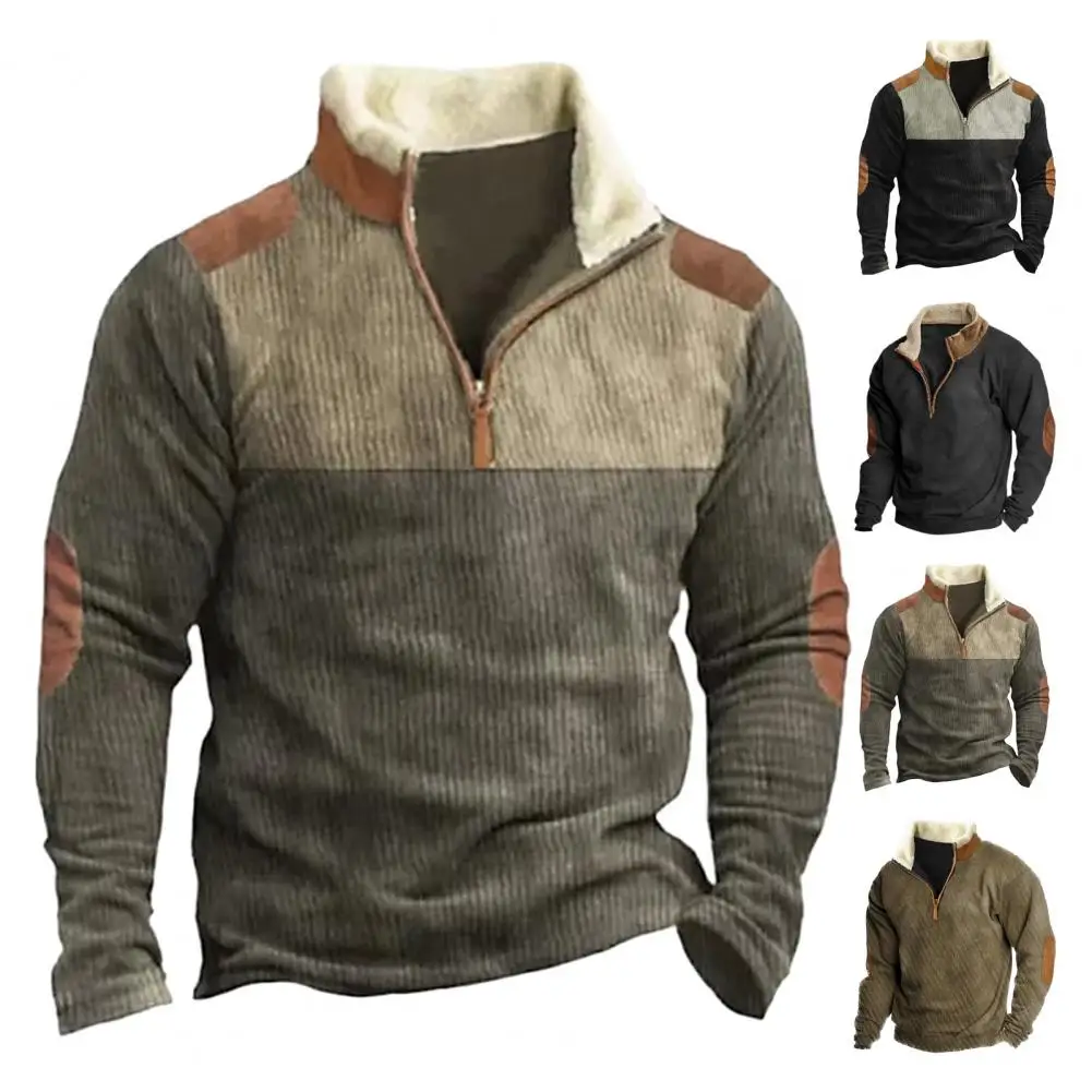 Patchwork Sweatshirt Retro Plush Zipper Men's Sweatshirt with Color Matching Patchwork Stand Collar for Fall Winter Long Sleeve