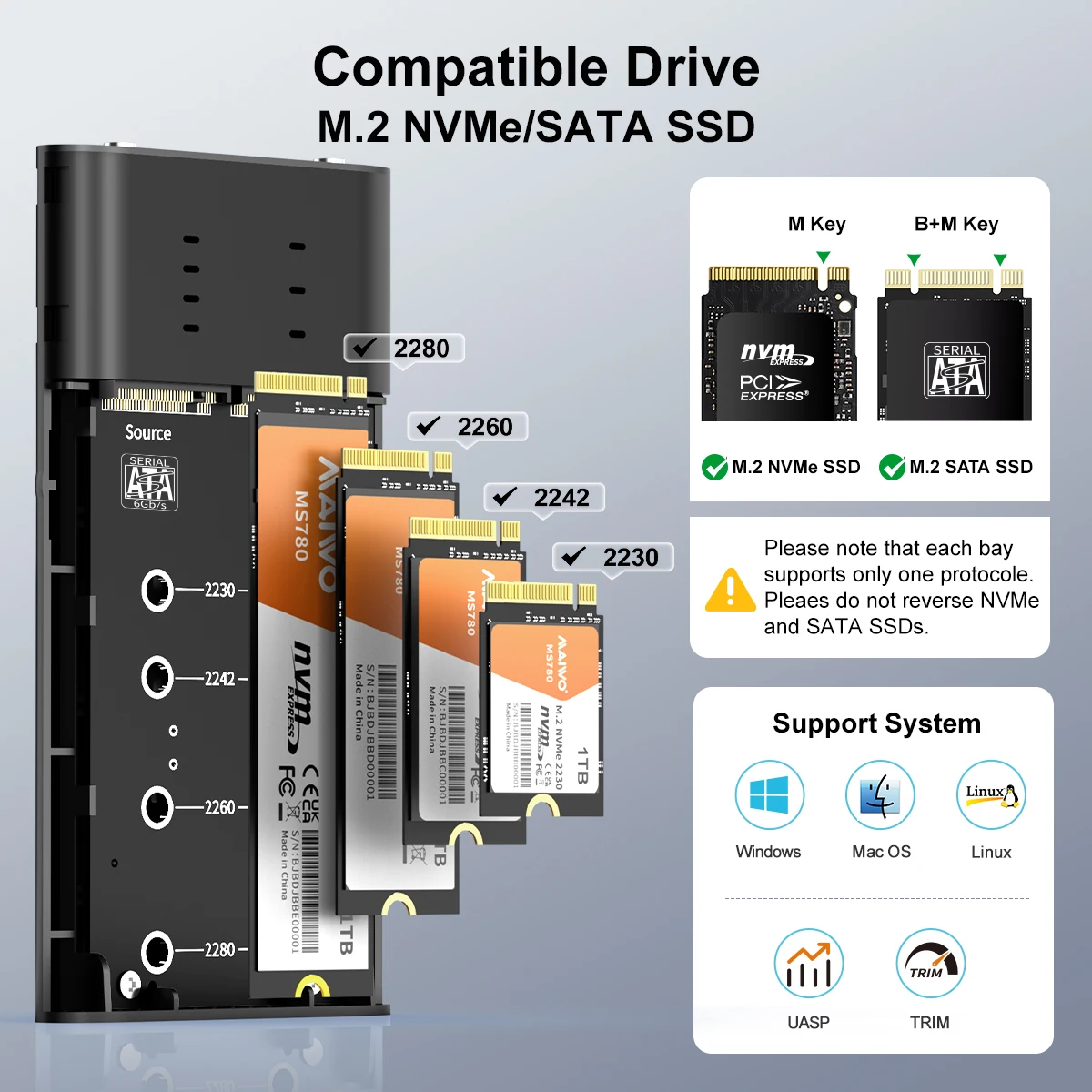 MAIWO ออฟไลน์ Clone Dual Bay 10Gbps M.2 SATA NVMe SSD Enclosure AHCI โปรโตคอล USB3.1 Tybe-C Gen2 SSD กรณี M2 ฮาร์ดไดรฟ์กล่อง