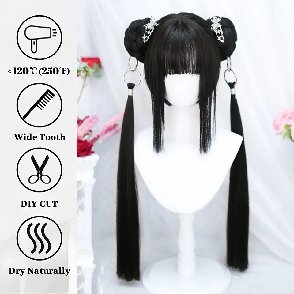 OLACARE Synthetic Short Straight Wig with Long Ponytail Hairbun Lolita Cosplay Party Harajuku Black Wig With Bangs for Women