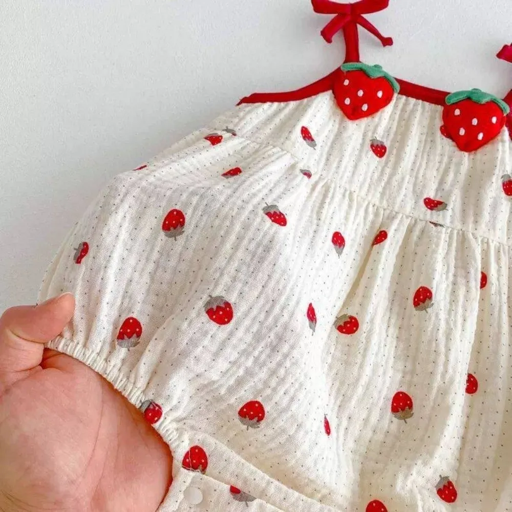 Cute Strawberry Printed Baby Sling Jumpsuit Sweet Bow Thin Baby Romper Baby Clothes Baby Girl