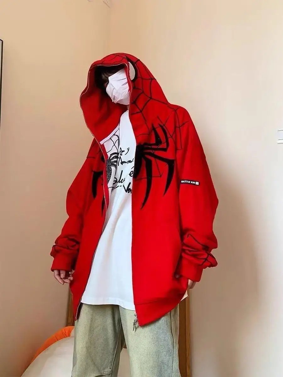 New Spider Web Red Hoodie Women Sweatshirt Zipper Warm Harajuku Punk Grunge Y2k Clothing Hip Hop Sweatshirt Hoodie Autumn Winter