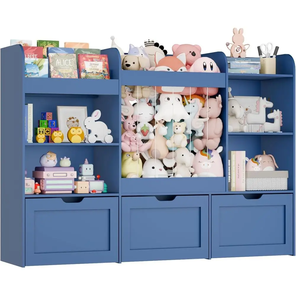 61 Wide Children's Toy Organizer with Animal Storage, 4-Compartment Wooden Bookshelf, 3-Tier Bookshelf, Movable Desks for Kids'