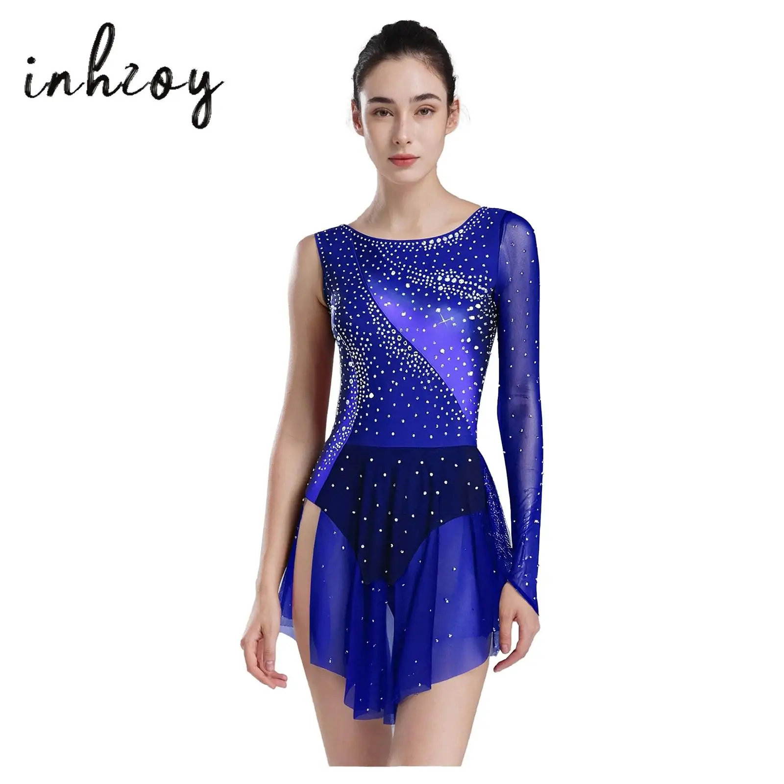 

Women Gymnastics Figure Skating Leotard Dress One Shoulder Gradient Rhinestones Irregular Mesh Hem Bodysuit Ballet Dance Costume
