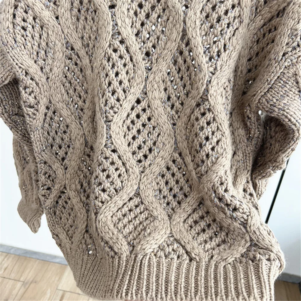 Women's 25 Autumn/winter Pullover Round Neck Long Sleeved Diamond Shaped Hollow Sequin Loose Cashmere Thick Knit Sweater