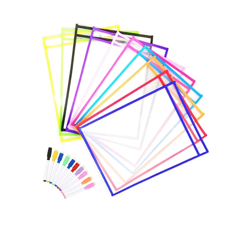 10PCS 워크시트 포켓 재사용 가능한 투명 플라스틱 시트 보호기 마커, 펜 슬롯이 있는 방수 플라스틱 포켓,