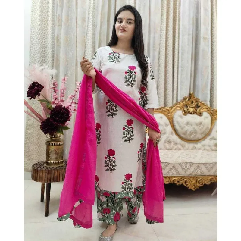 White Pink Color Printed Kurta Palazzo & Dupatta Set Women Salwar Kameez Suit Kurti's