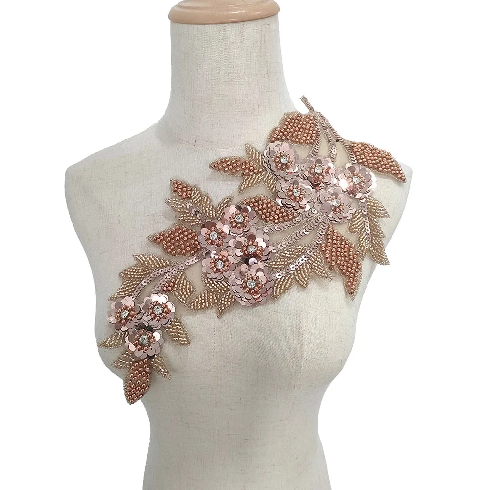 1PC Rose Gold Sequin Embroidered Lace Bead Patch DIY Sewing Cloth Applique Collar Patches Dress Accessories