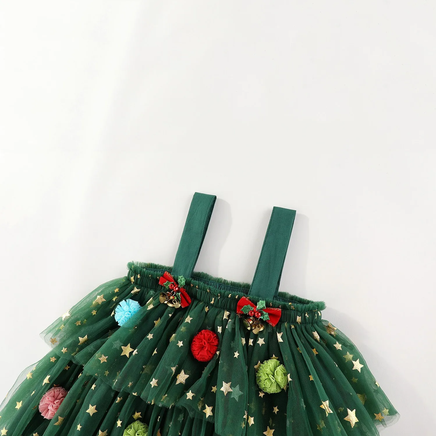 Christmas Costume Kids Girls Green Dress Sleeveless Stars Sequin Layered Tulle Dress Plush Ball Hat Baby Cake Xmas Tree Clothes