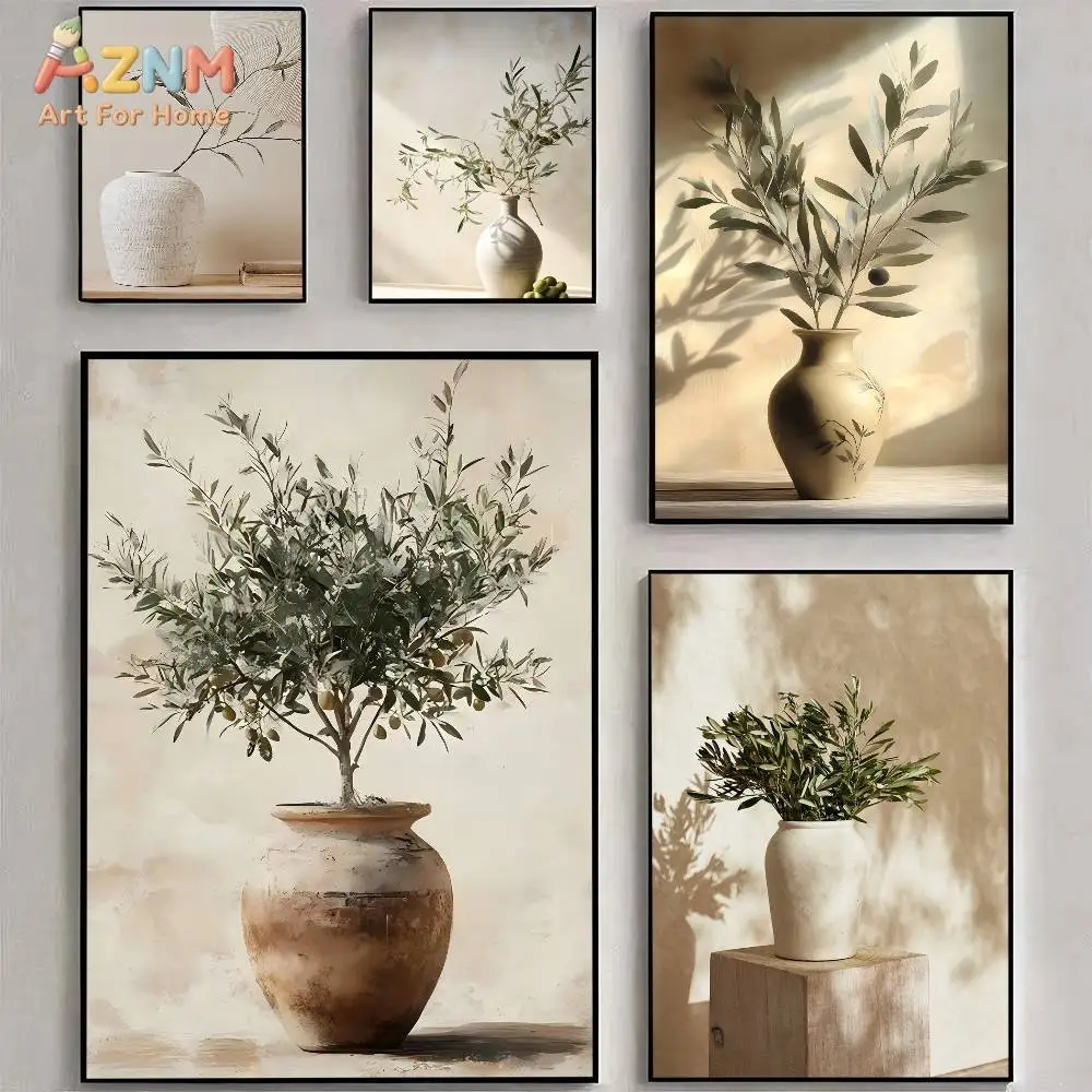 AZNM Neutral Beige Olive Branch Vase Canvas Wall Art Print, Minimalist Botanical Still Life Poster for Living Room Bedroom Home