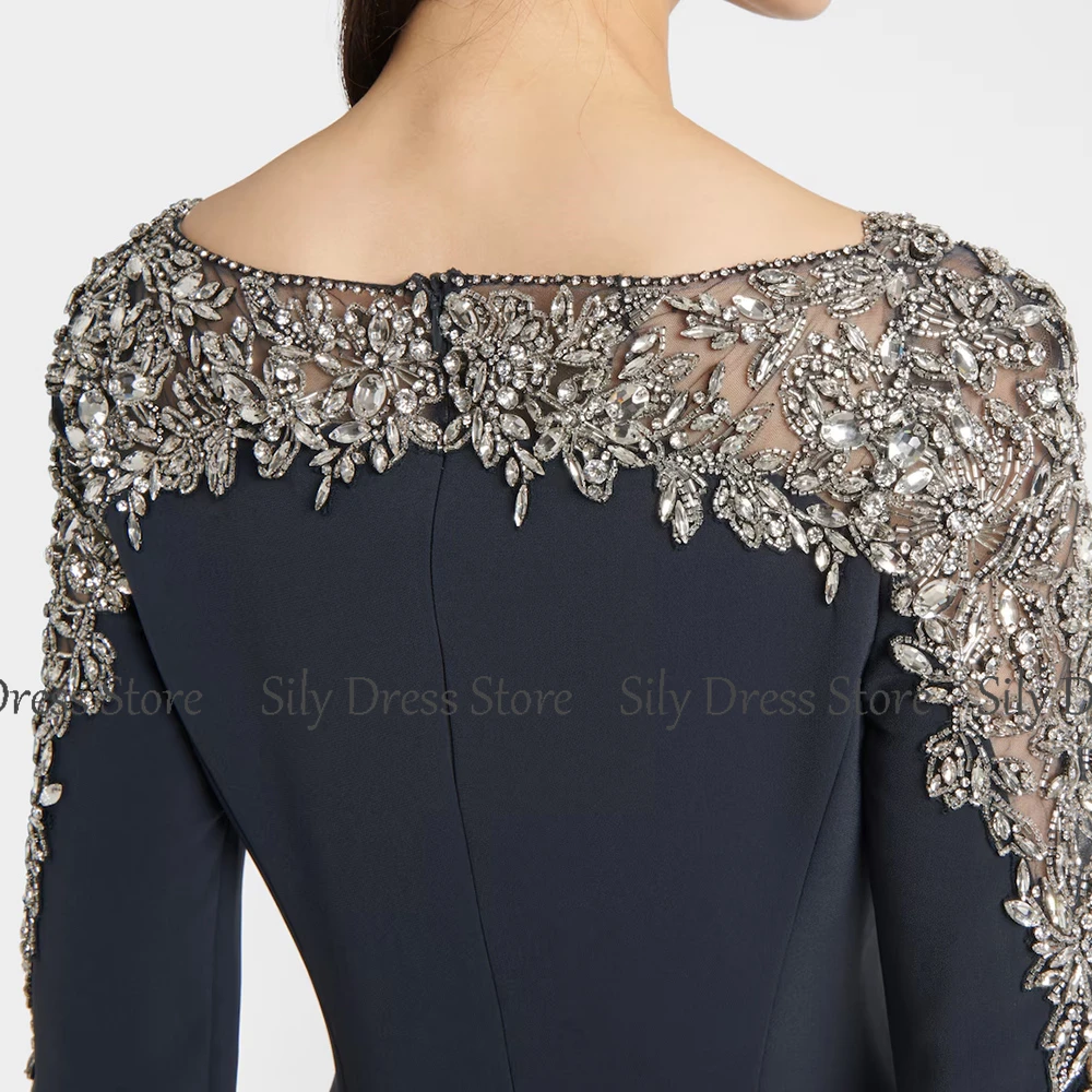 Crystals Luxury Mother Of The Bride Gowns Jersey Mermaid/Trumpet Formal Evening Dress Navy Blue Boat Neck Rhinestones Prom Gown image 5
