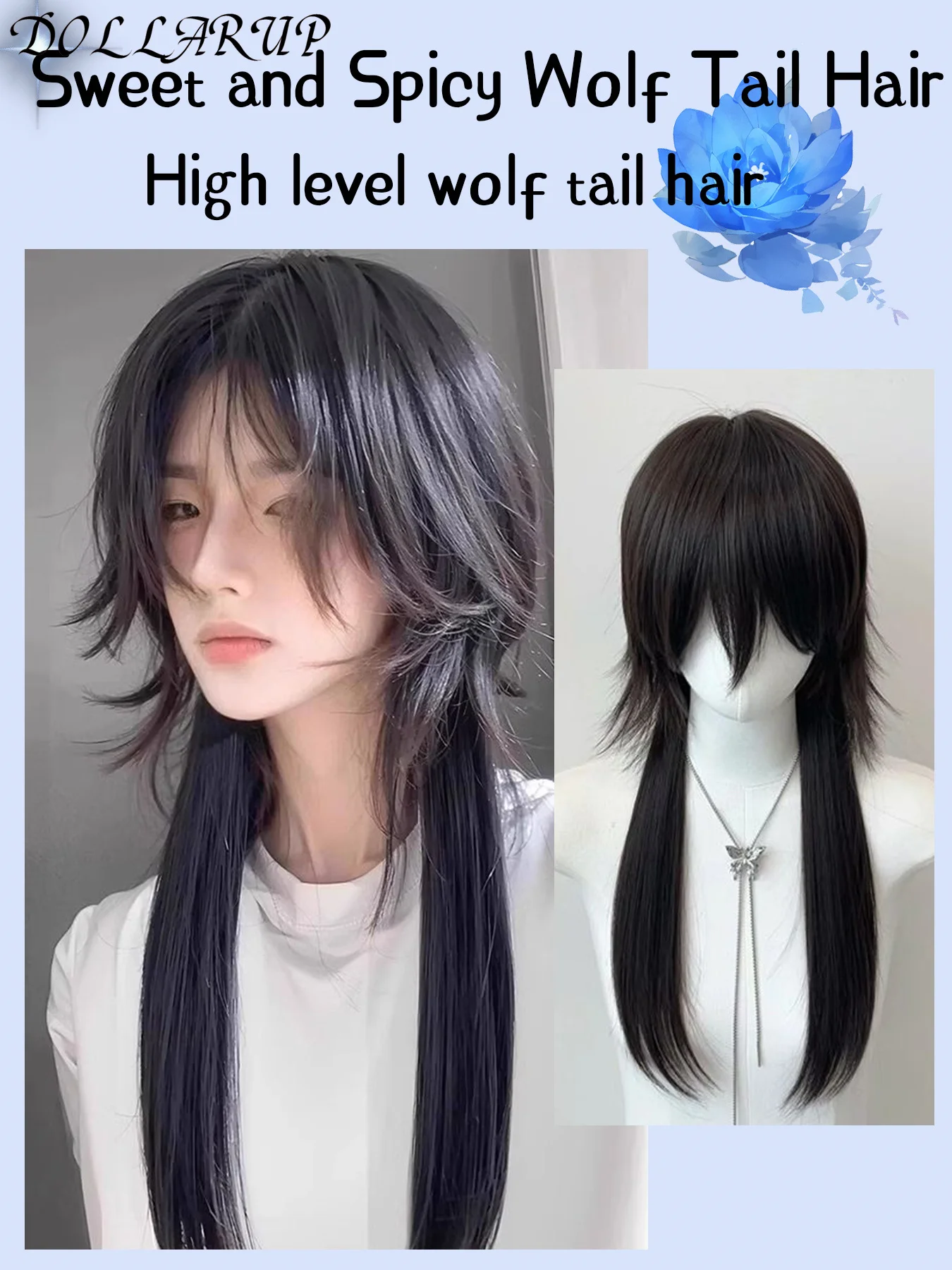 DOLLARUP Synthetic Jellyfish Mullet Head Lengthened Summer Thin Men And Women Universal Cos Half-tied Wolf Tail Warrior Head Wig