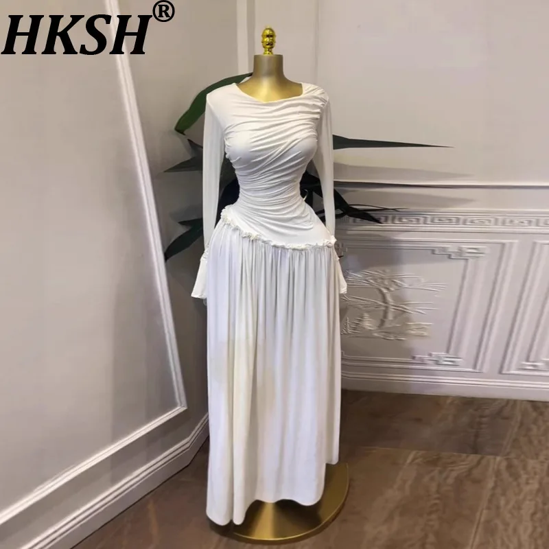 HKSH Frühling Herbst Neue Frauen Kleid Asymmetrische Plissee Oansatz Langen Ärmeln Taille Cinching Slim Fit Elegante Trendy Kleider HK17215
