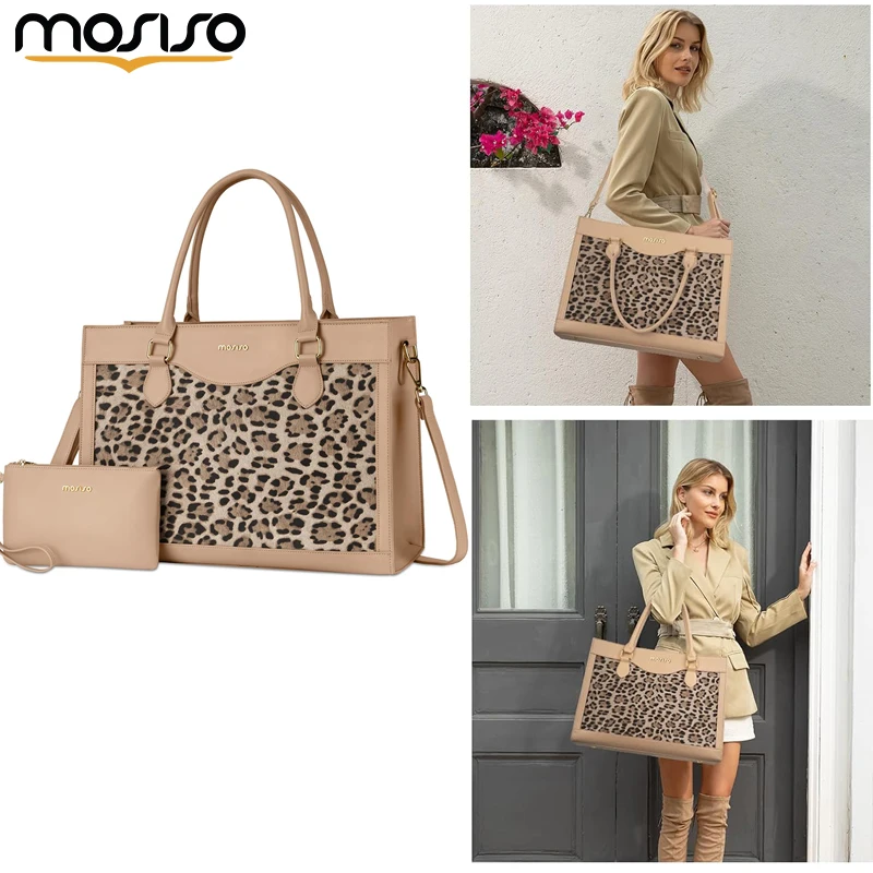 

MOSISO Tote Bag for Women PU Leather Large Capacity 15.6 inch Leopard Grain Laptop Bag Waterproof Briefcase for Business Office