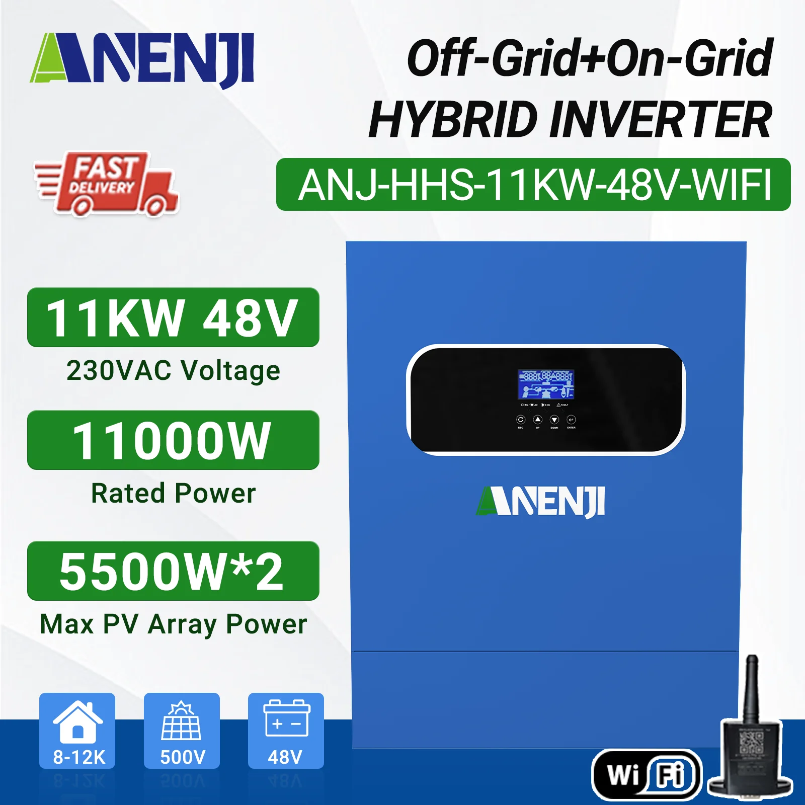 11KW 48V Hybrid Solar Inverter With 2 MPPT 160A Solar Charge Controllers Pure Sine Wave On/Off Grid Inverter For 220VAC PV 500V