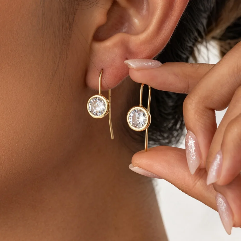 Minimalist Bezel Inlay Round Zircon Threader Earrings Gold Color U-shaped Hook Single Crystal Dangle Earrings for Women Jewelry