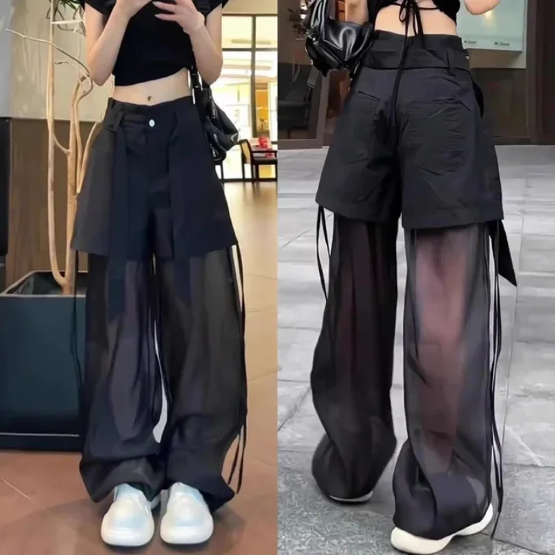 بنطال Y2K نسائي واسع الساق من القماش الشفاف باللون الأسود لعام 2025 - شورت مزيف مكون من قطعتين مع أشرطة، ملابس خروج منفعلة لربيع وصيف #2