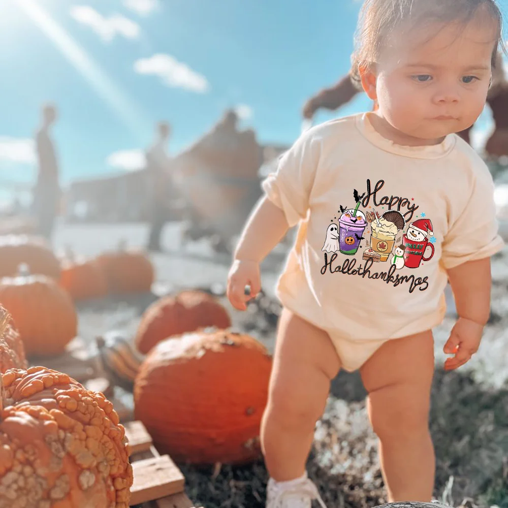 Happy Hallothanksmas Ghost Baby Bubble Romper Funny Holiday Toddler Outfits Baby Shower Gift Retro Autumn Clothes