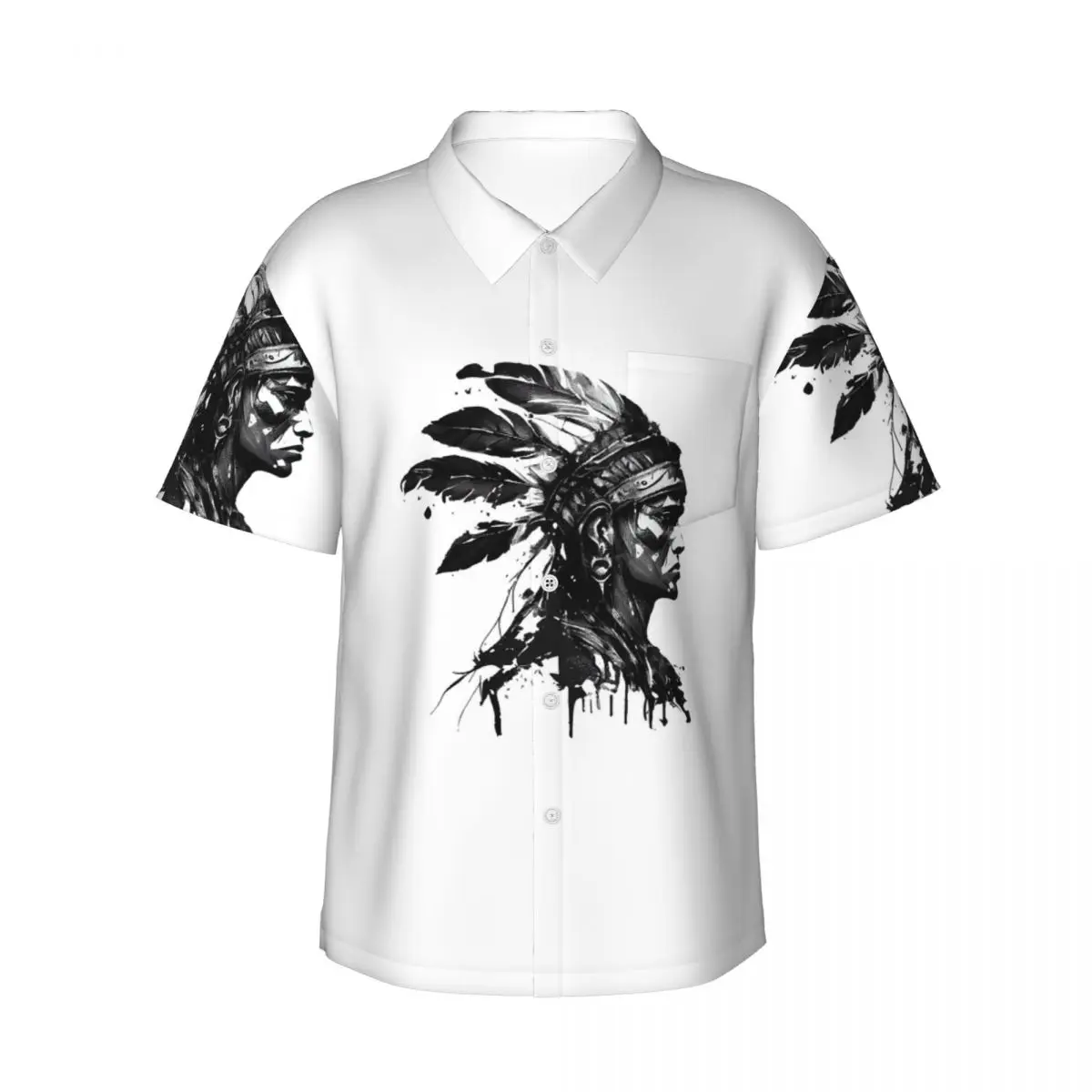 描かれたスタイルのアステカ戦士メンズシャツハワイアン半袖シャツカジュアルボタントップス夏のビーチ用