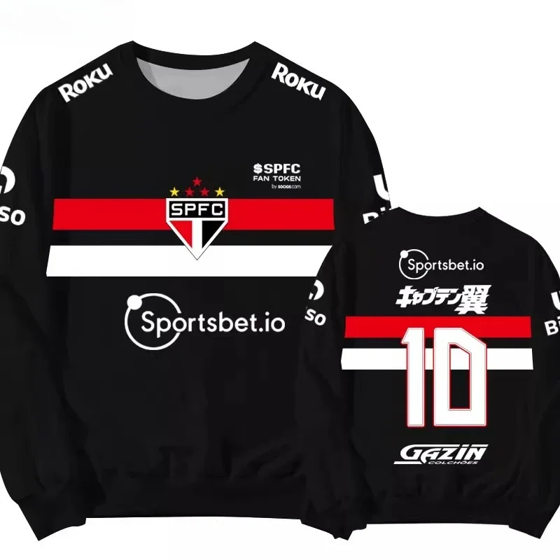 تي شيرت كرة قدم ساو باولو FC رقم 10 Tsubasa Ozora مطبوع ثلاثي الأبعاد للرجال والنساء بأكمام طويلة سريع الجفاف للأطفال.