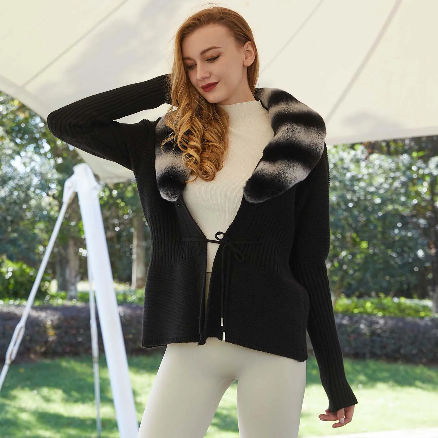 

Big Fur Collar Sweater Rex Chinchilla Fur Cardigan Knitted Jacket Women Fur Jacket