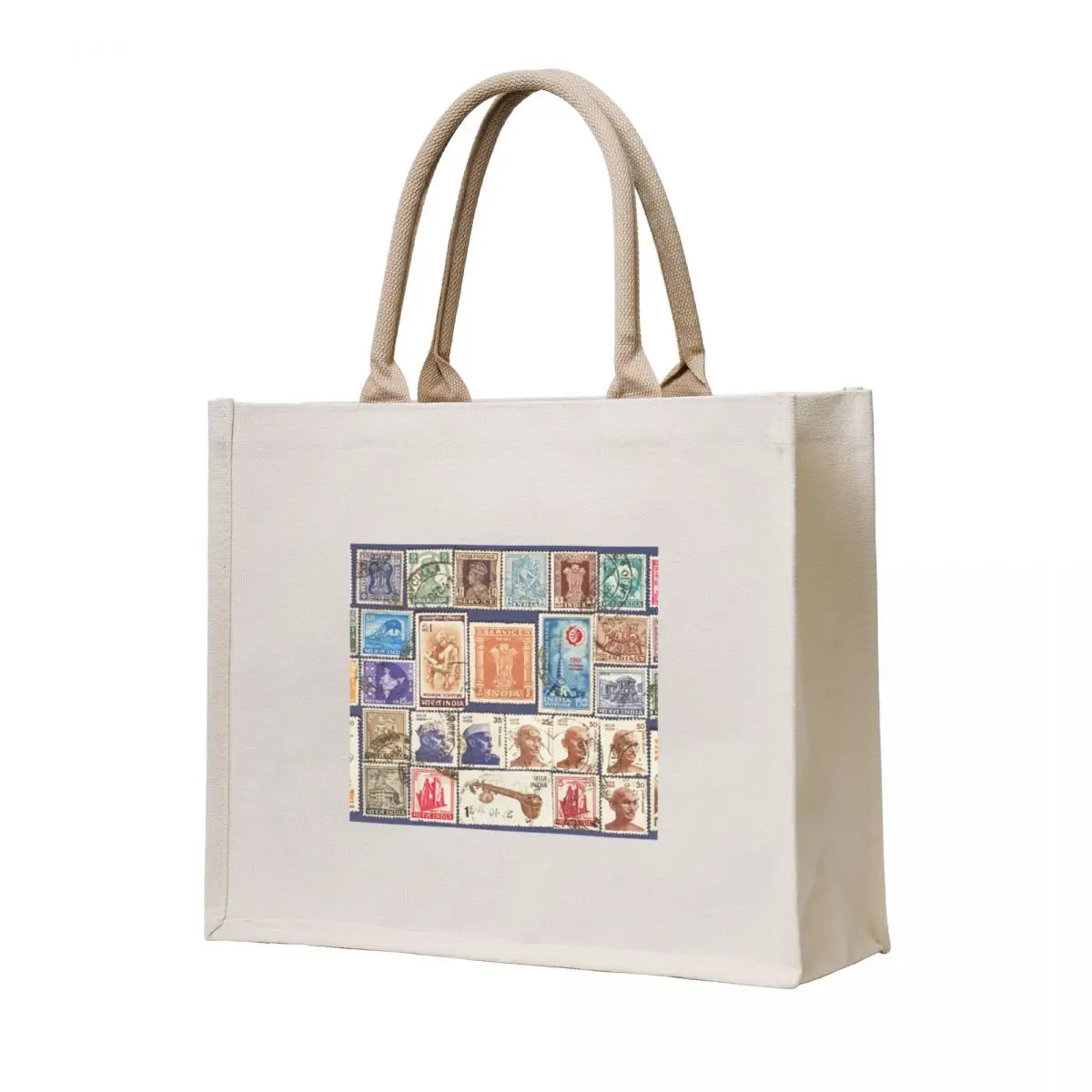 

Different postage stamps of India as background. Tote Bag Reusable bags reusable shopping bag Fabric bag