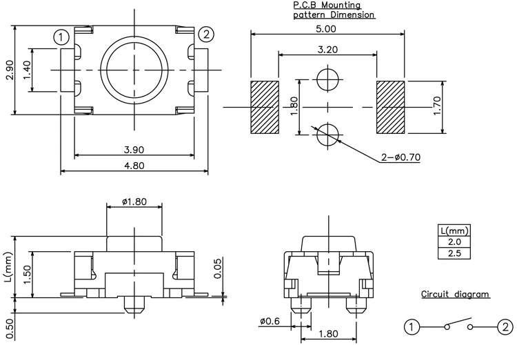 50PCS Mini Push Button Momentary Tact Button Switch 12V Tactile Switch SMD 2pin 3X4X2mm/2.5mm with/without points