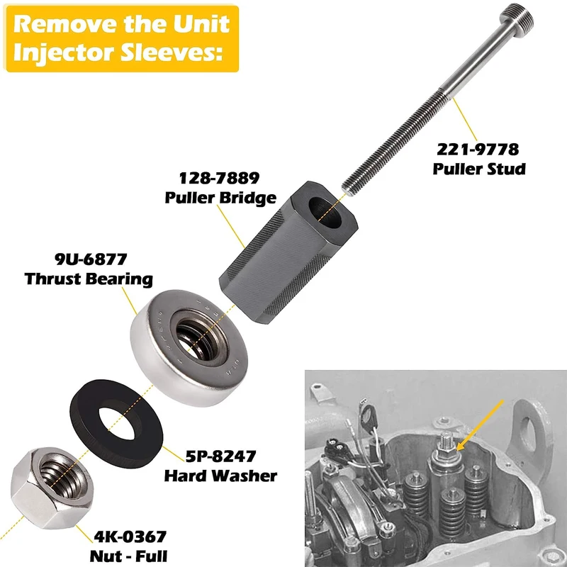 9U-7227 Injector Height + J-38587-A Engine Barring Socket Turning + 9U-6891 Injector Tube Sleeve Cup Removal & Installer Tools