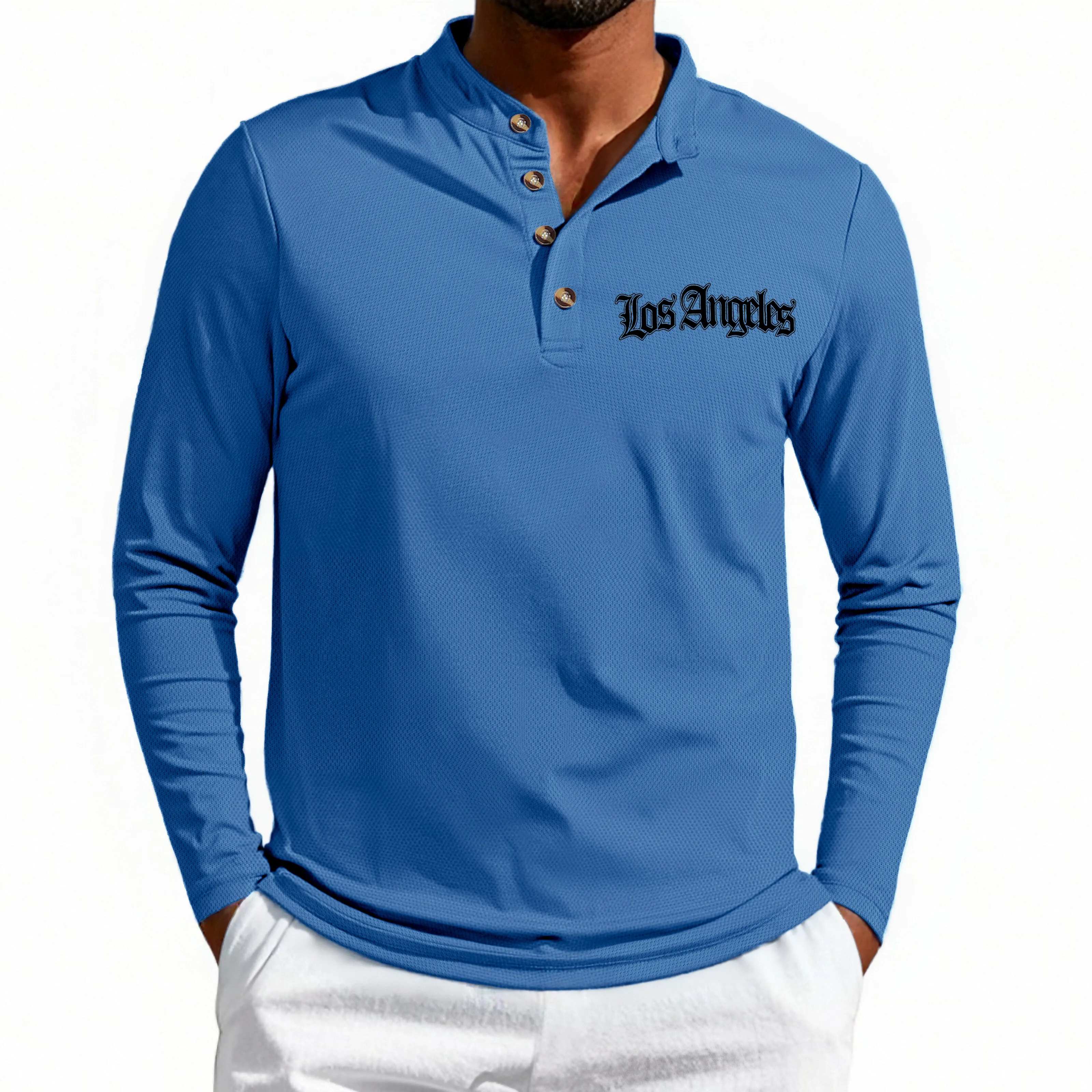 Spring and Autumn New Men's Stand up Collar Polo Shirt Urban Casual Letter Printed Men's Long Sleeve