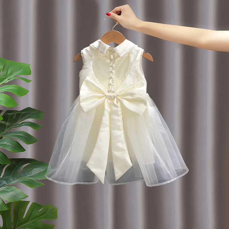 Summer Tank top dress Girls Sweet Kids Clothes Pearl flower embroidery Doll collar Dresses for Girs children Party Dance Skirts