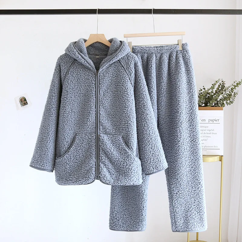 Flannel Hooded Couple Sleepwear Women\'s Underwear Sets Nightie Warm Pajamas For Women Pyjama Zipper Design Home Wear