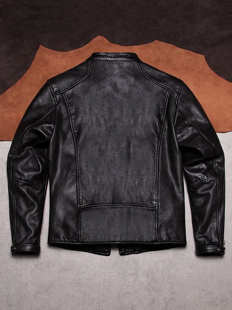 Luxury Mens Black Cowhide Jacket Leisure Zipper Genuine Leather Motorcycle Jackets Stand Collar Windproof Coat Slim Riding Coats